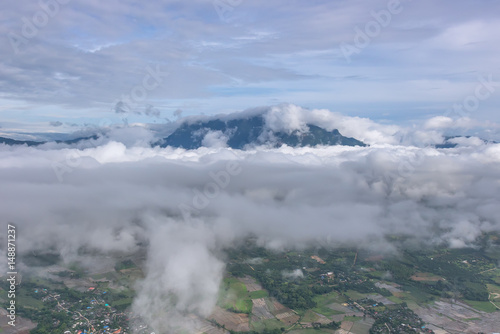 Aerial View of Village landscape and River over Clouds in Chiangdao Thailand 