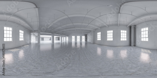 Equirectangular empty factory interior. 3d render 360.