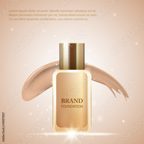 Foundation bottle and smear, liquid concealer template on abstract background