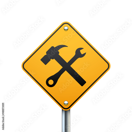 Service road sign, crossed hammer and wrench icon, isolated on white