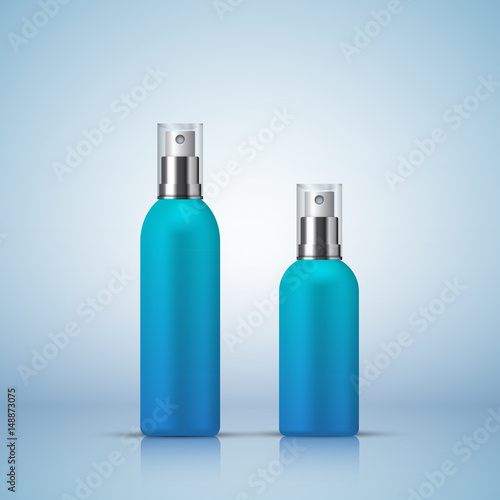 Perfume spray bottles on blue background, vector illustration, cosmetics design