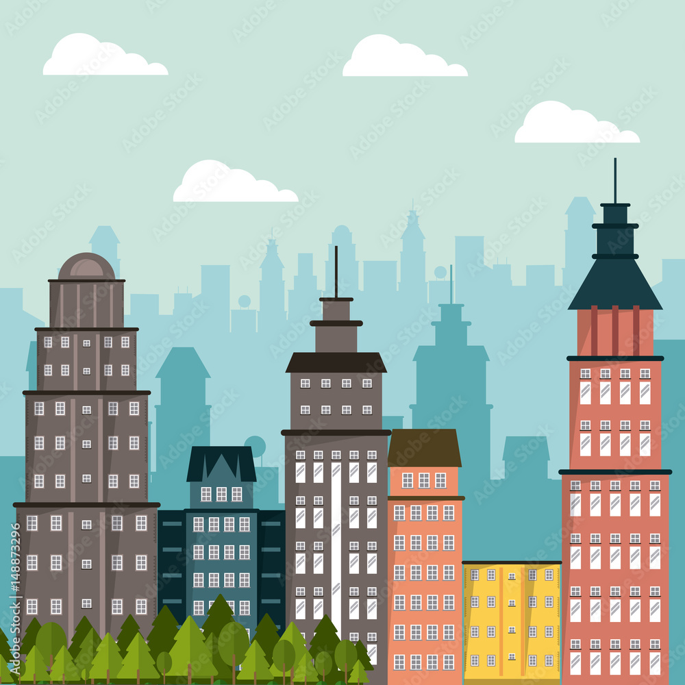 building landscape apartment tree city design vector illustration