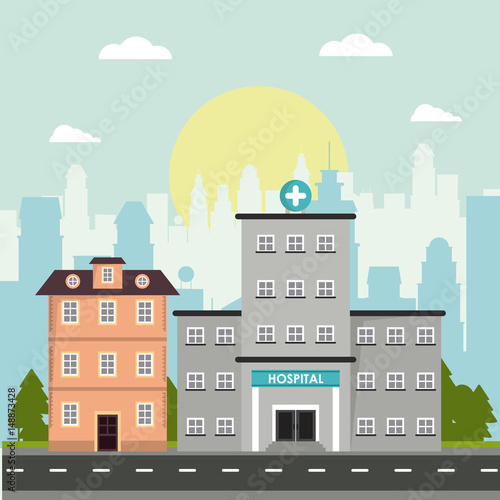 hospital and house building story facade architecture city vector illustration