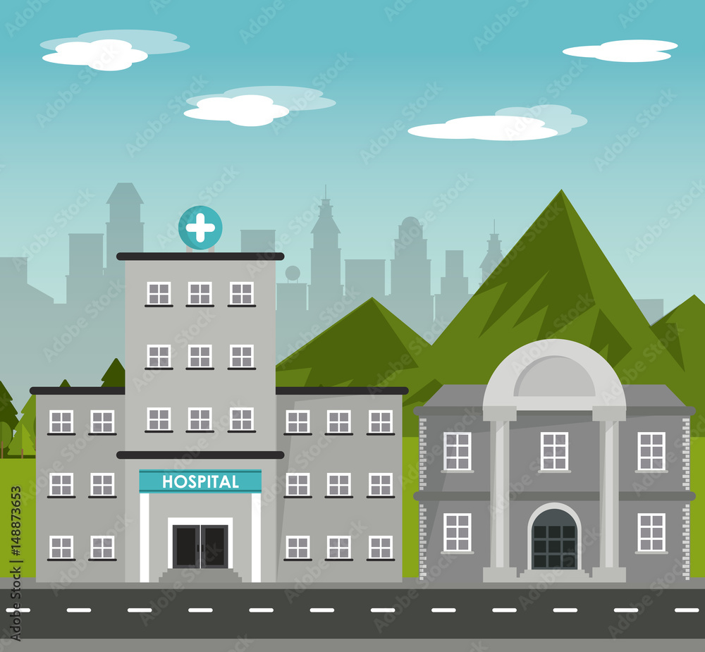 hospital bank building landscape mountains city background vector illustration