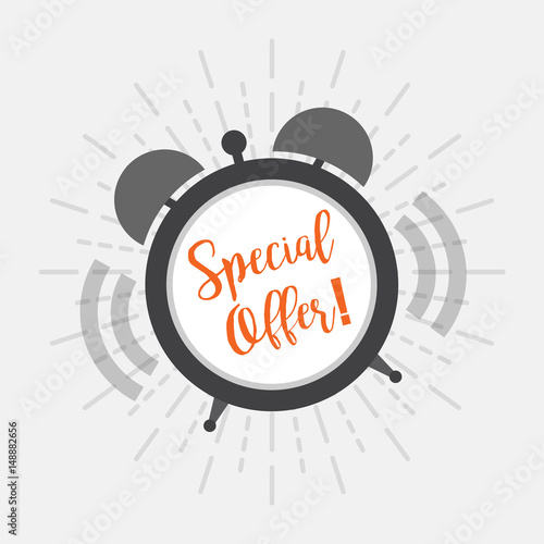 Special offer, call alarm clock with sun rays. Vector illustration