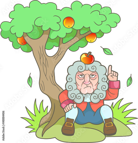 Cartoon Newton sits under the apple tree
