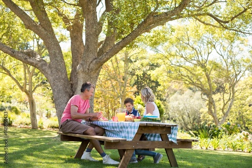 Happy family interacting with each sited in a park