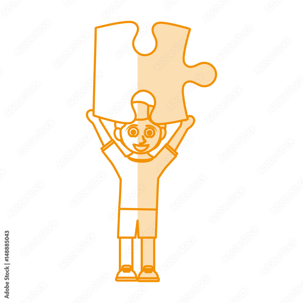 orange silhouette shading caricature boy with puzzle piece up vector