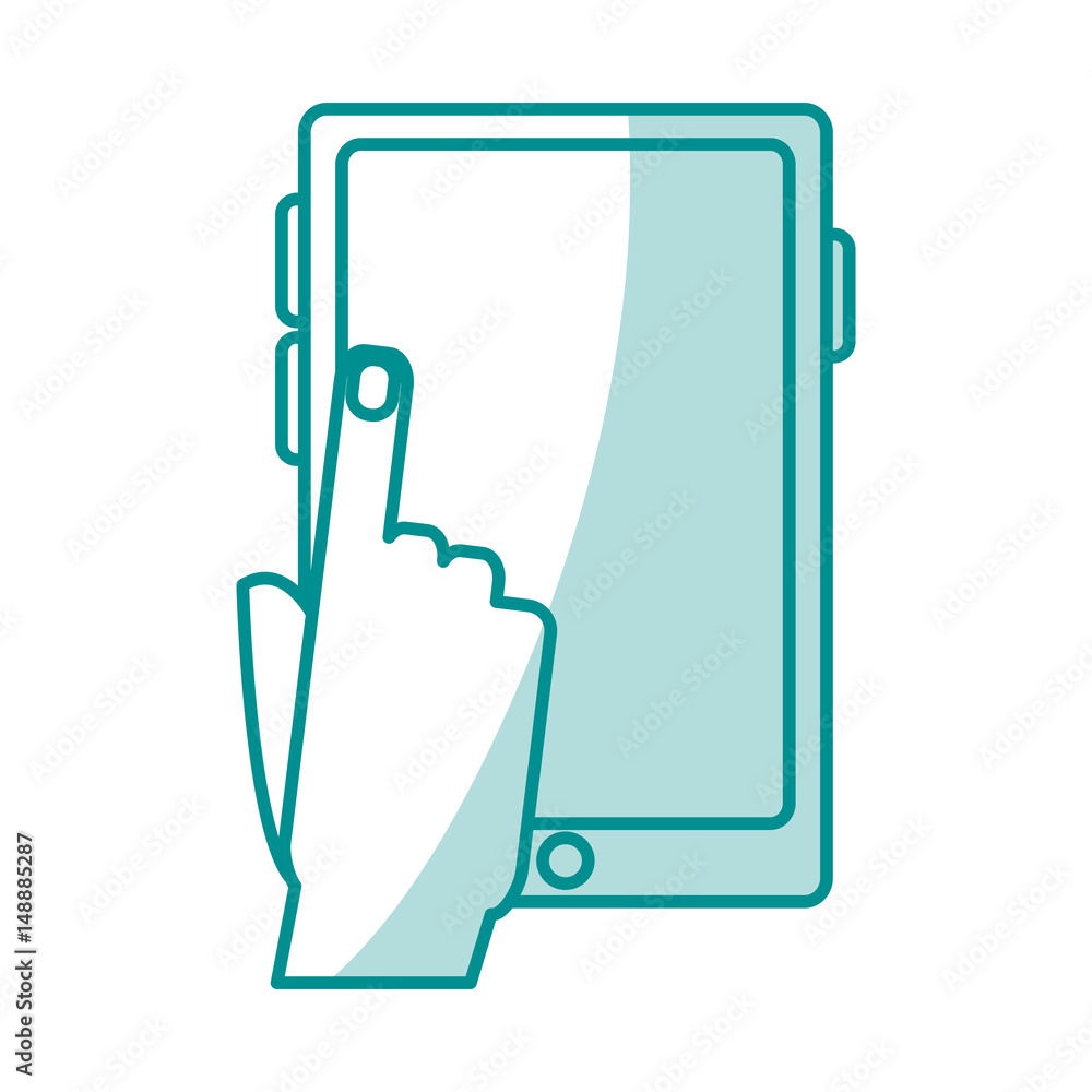 blue silhouette shading tablet tech device with hand pressing vector illustration blue silhouette shading tablet tech device with hand pressing vector illustration