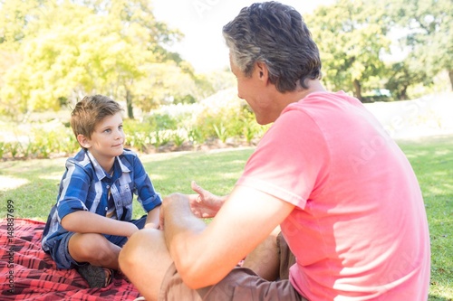 Father talking to son at picnic in park © WavebreakMediaMicro