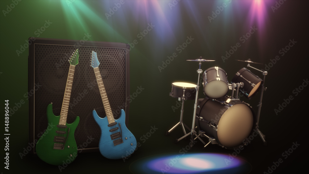 Blue and green electric guitar with a large combo and drum set 3d illustration