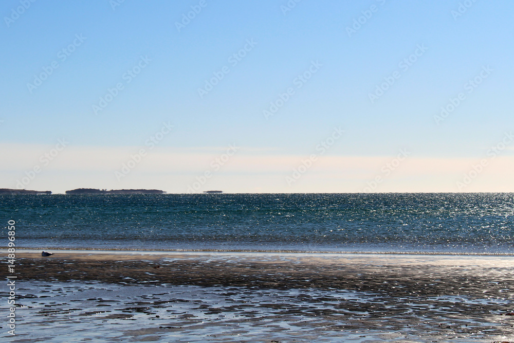 Empty Old Orchard Beach in winter.  Frozen ocean.