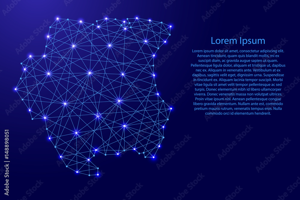 Fototapeta Map of Suriname from polygonal blue lines and glowing stars vector illustration
