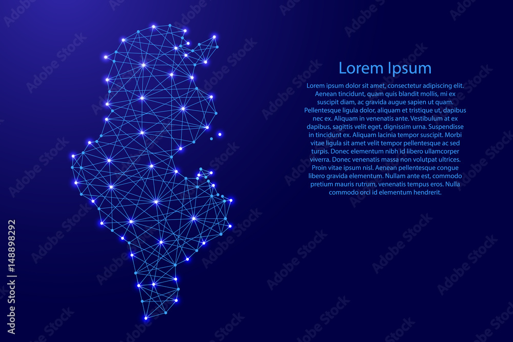 Map of Tunisia from polygonal blue lines and glowing stars vector illustration