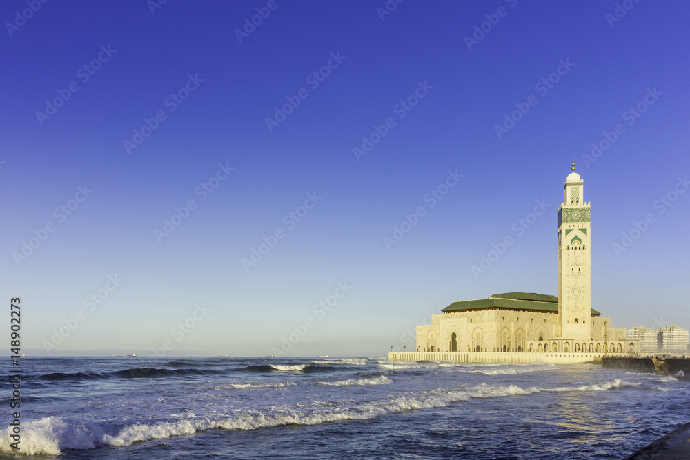 View on seafront of Grande Mosquée Hassan II in Casablanca,
