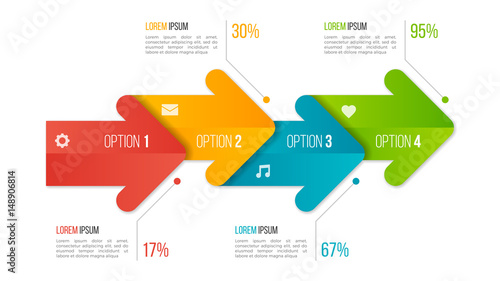 Timeline chart infographic template with arrows. 4 options.