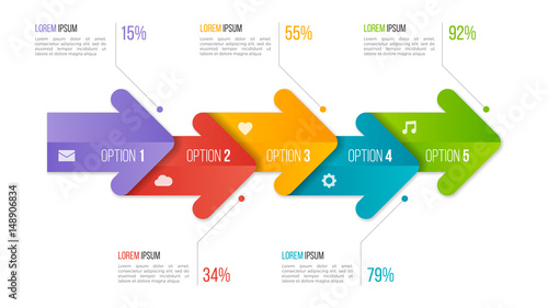 Timeline chart infographic template with arrows. 5 options.