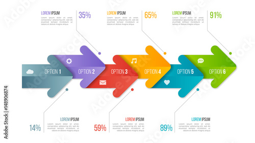 Timeline chart infographic template with arrows. 6 options.