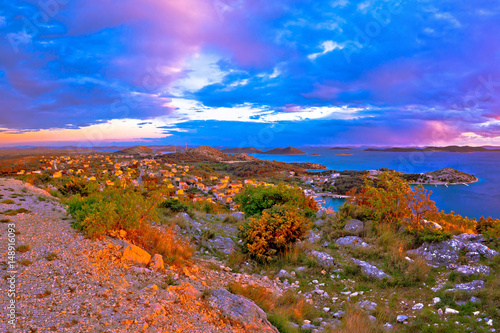 Amazing colorful sunset panorama of Pakostane archipelago