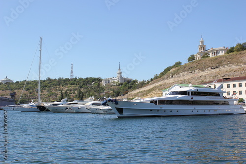 Russia. Crimea. Sevastopol. Ships in the port. Sea blue sky and ships