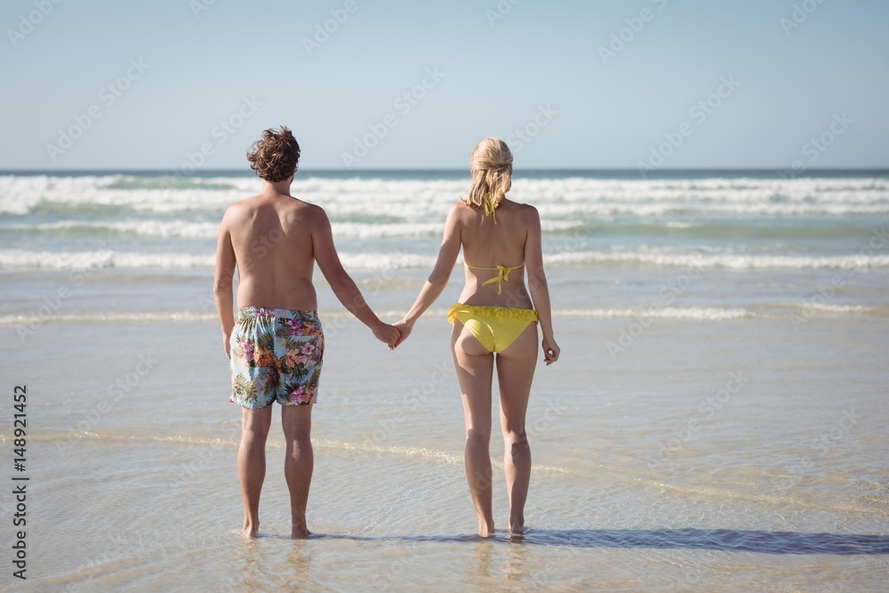 Rear view of couple holding hands while standing at beach