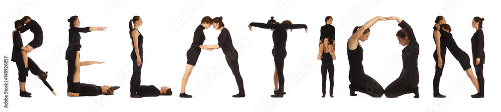 Black dressed people forming word RELATION Black dressed people forming word RELATION
