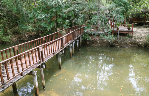 Brown wooden bridge over the canal leads to a small village, countryside of Thailand 