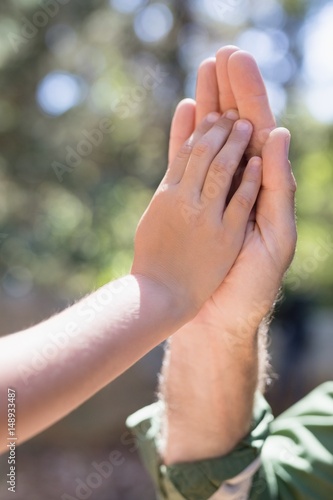 Cropped hands of father and son giving high five in forest