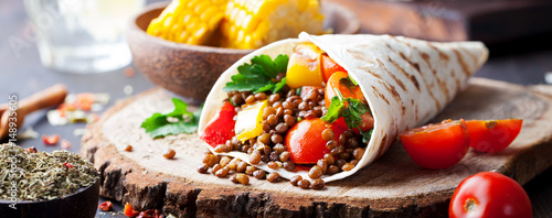 Vegan tortilla wrap, roll with lentil and corn.