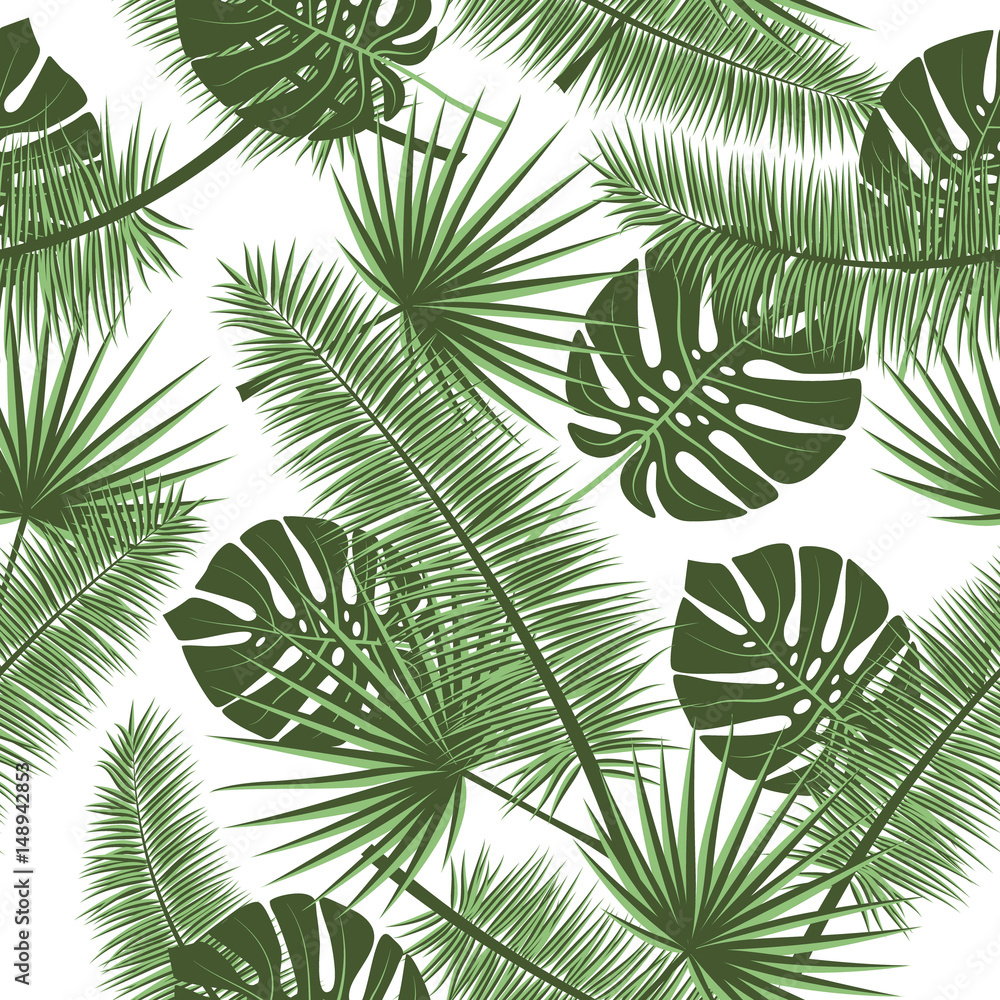 Beautiful seamless vector floral summer pattern background with tropical palm leaves. Perfect for wallpapers, web page backgrounds, surface textures, textile.