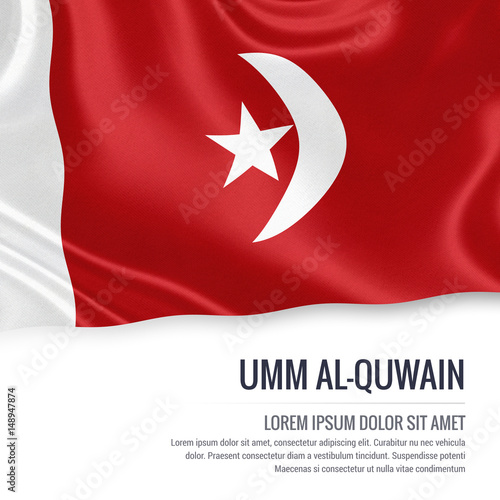The United Arab Emirates state Umm al-Quwain flag waving on an isolated white background. State name and the text area for your message. 3D illustration.