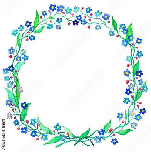 Blue Forget-Me-Not wreath watercolor illustration. Spring flower Forgetmenot on white background.