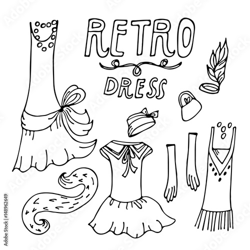 Set of women's clothes in vintage style 1920's. Hand drawing. Retro fashion vector illustration isolated on white background.