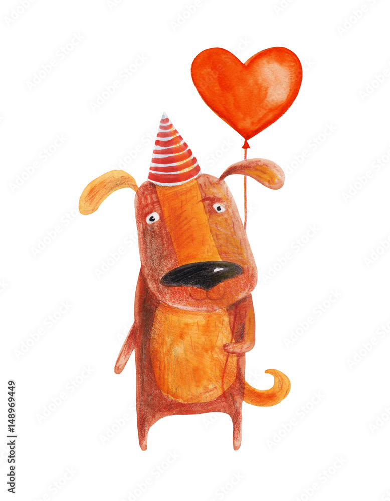 Fototapeta Pies z sercem balon. Akwarela ilustracja Rysunek odręczny