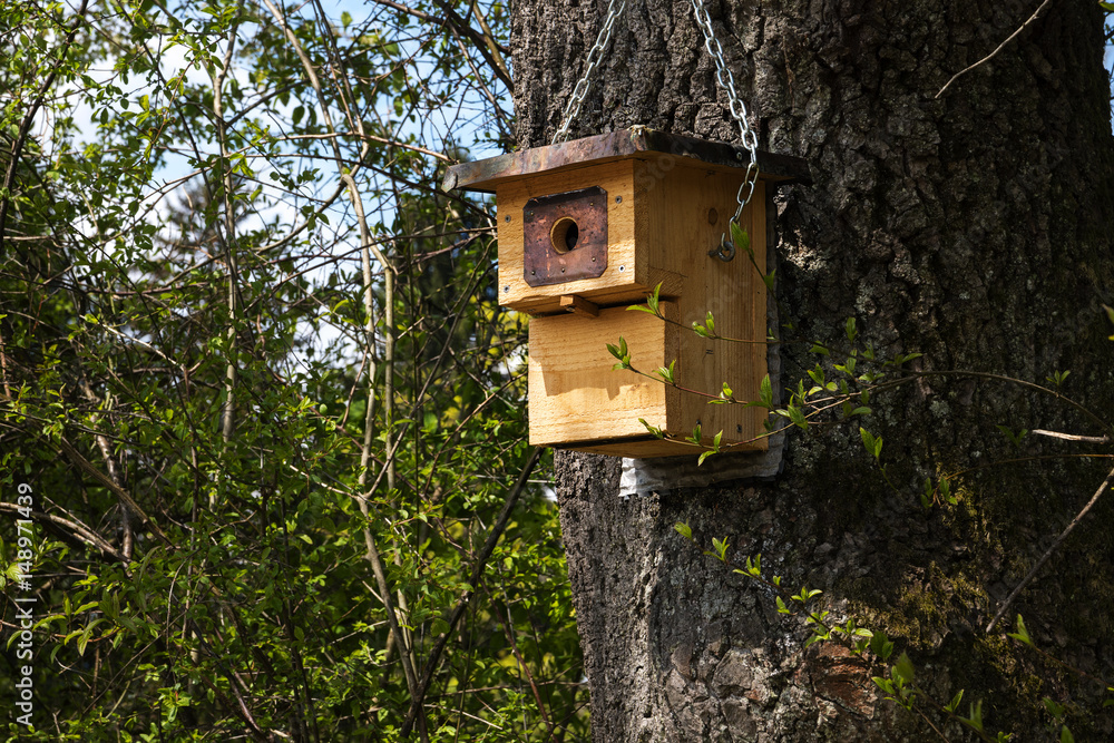 Wooden nest box on a tree, self-made bird shelter, environmental protection in the garden and park for an intact nature
