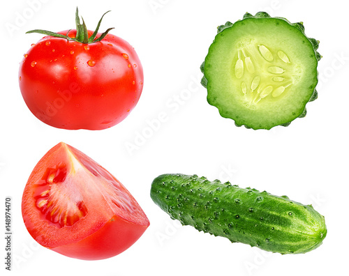   tomato and cucumber isolated on white
