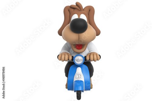 Cartoon cute dog on blue scooter  front view. 3D rendering