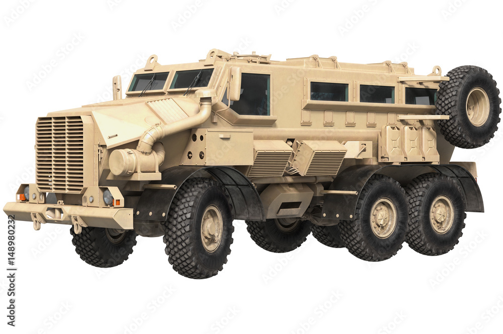 Truck military beige armored car transportation. 3D rendering