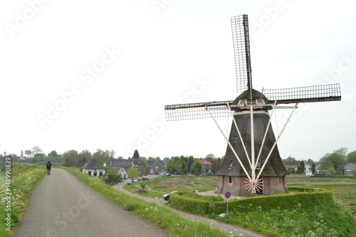 molen aan de verhoogde dijk met fiets- en wandelpad bij de Waal bij het dorpje Waardenburg