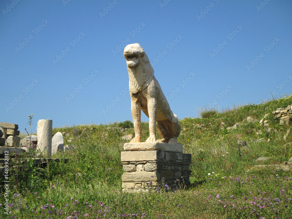 Ancient Lion Statue, the famous symbol of Archaeological Site of Delos Island, Mykonos, Greece