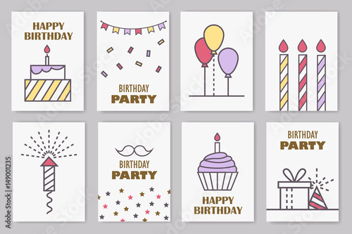 Set of cute birthday cards. Linear design