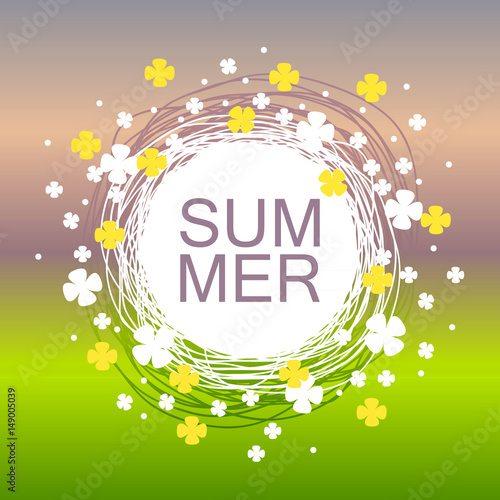 Round frame decorated with flowers on a blurred summer background
