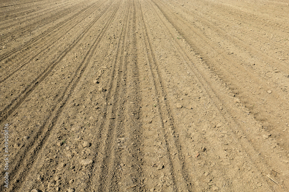 plowed agricultural field in which the crop is grown, the furrows close-up plowed agricultural field in which the crop is grown, the furrows close-up
