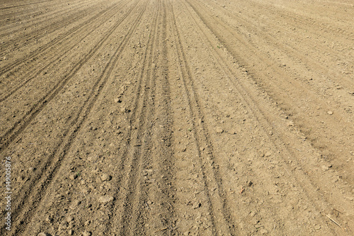 plowed agricultural field in which the crop is grown, the furrows close-up