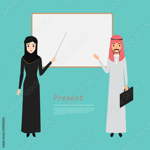 Arab man and arab woman presenting on business work.