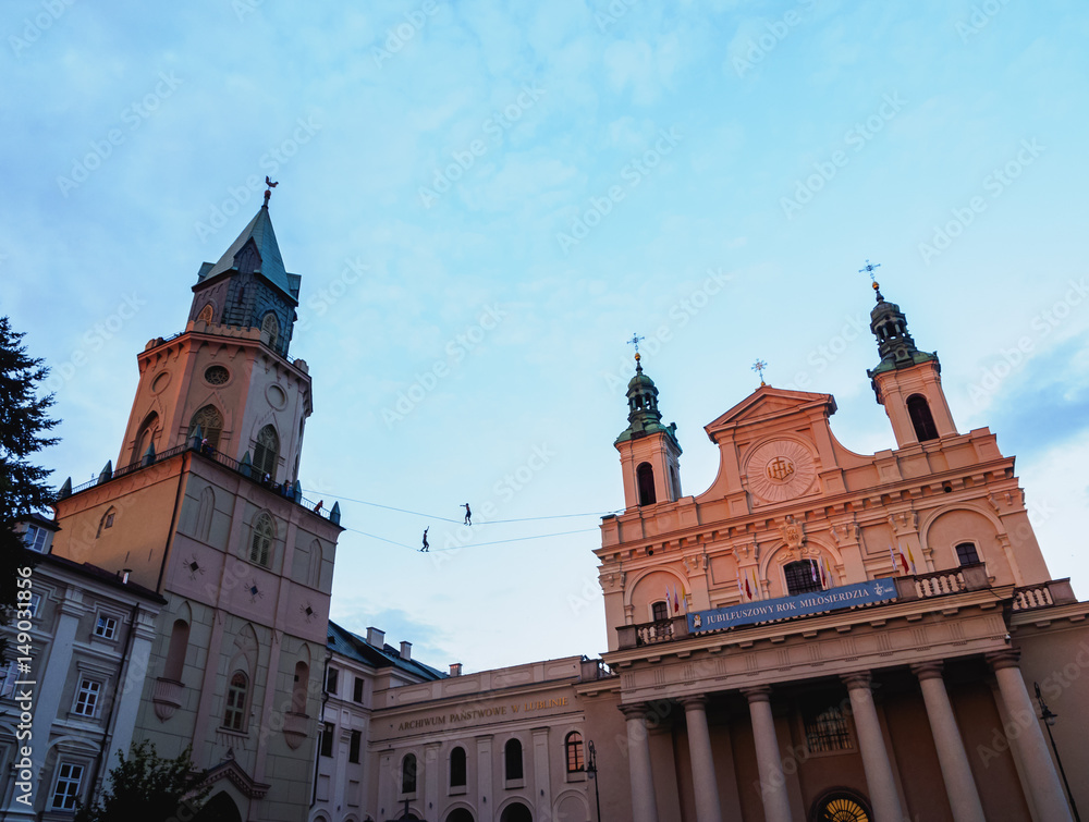 Poland, Lublin Voivodeship, City of Lublin, Old Town, Trinitarian Tower and the Cathedral during Urban Highline Festival