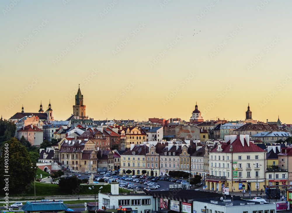 Poland, Lublin Voivodeship, City of Lublin, Old Town Skyline at sunset
