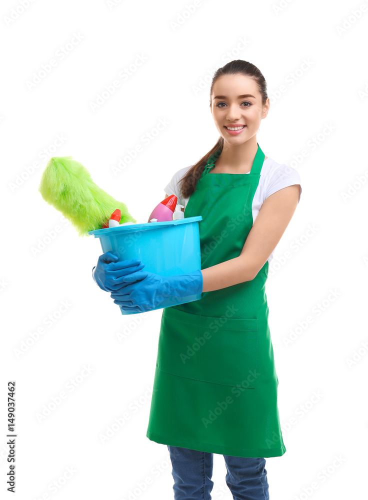 Young woman holding bucket with cleaning supplies on white background Young woman holding bucket with cleaning supplies on white background