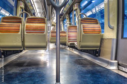 Photography Emty seats in parisian subway carriage, Paris, France.