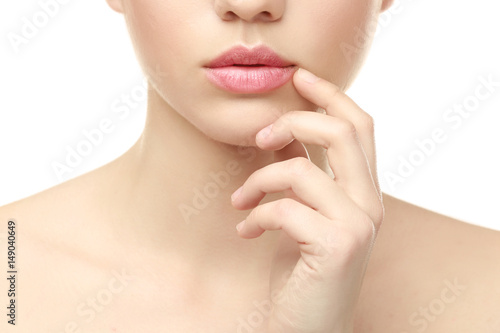 Beautiful young woman on white background, closeup